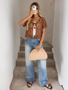Easowa Vacation Casual Boho Solid Color Hollow Knit Cardigan Vacation Shades Of Brown Summer Vacation Vacation - Rust Brown - View 5