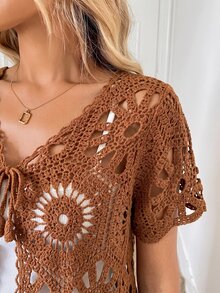 Easowa Vacation Casual Boho Solid Color Hollow Knit Cardigan Vacation Shades Of Brown Summer Vacation Vacation - Rust Brown - View 4