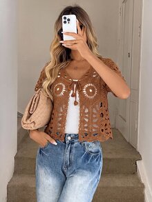 Easowa Vacation Casual Boho Solid Color Hollow Knit Cardigan Vacation Shades Of Brown Summer Vacation Vacation - Rust Brown - View 3