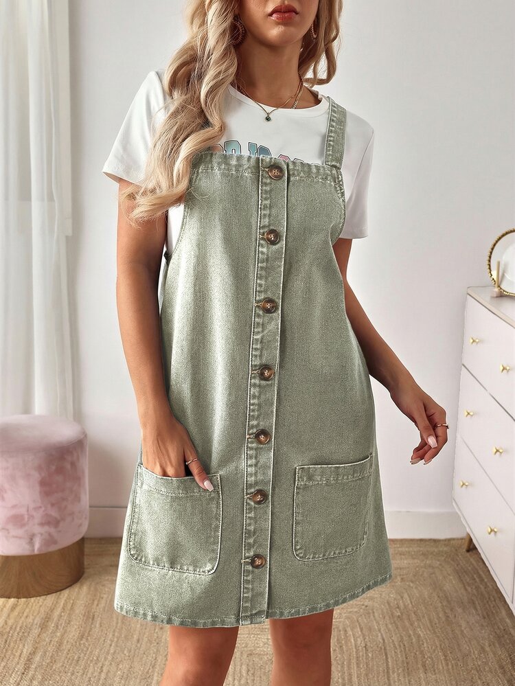EMERY ROSE Women's Casual Front Button Denim Dress, Autumn Vacation Sage Green - Green - View 4