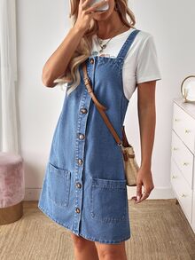 EMERY ROSE Women's Front Button Denim Dress Casual,Blue,Summer,School,Back-To-School Street Patchwork Pocket Loose Old Money Style Jeans Dress - Blue - View 5