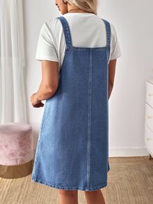 EMERY ROSE Women's Front Button Denim Dress Casual,Blue,Summer,School,Back-To-School Street Patchwork Pocket Loose Old Money Style Jeans Dress - Blue - View 2
