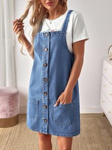 EMERY ROSE Women's Front Button Denim Dress Casual,Blue,Summer,School,Back-To-School Street Patchwork Pocket Loose Old Money Style Jeans Dress - Blue - View 8