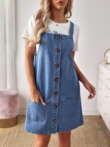 EMERY ROSE Women's Front Button Denim Dress Casual,Blue,Summer,School,Back-To-School Street Patchwork Pocket Loose Old Money Style Jeans Dress - Blue - View 4