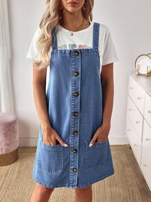 EMERY ROSE Women's Front Button Denim Dress Casual,Blue,Summer,School,Back-To-School Street Patchwork Pocket Loose Old Money Style Jeans Dress - Blue - View 6