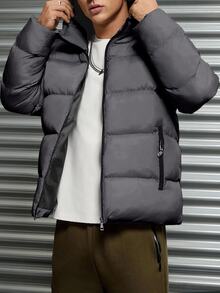 EURMUSE Men's Casual Streetwear Patterned Grid Fabric Slim Fit Padded Coat Vacation Club Dark Grey Winter - Dark Grey - View 4