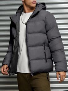 EURMUSE Men's Casual Streetwear Patterned Grid Fabric Slim Fit Padded Coat Vacation Club Dark Grey Winter - Dark Grey - View 6