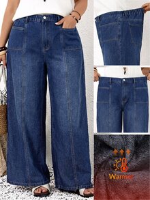 SHEIN ICON 大尺碼休閒水洗寬鬆直筒牛仔褲 - 藍色 - 查看 1