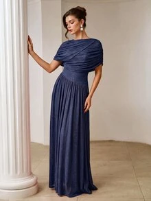 ZEYLAH Vestido largo con cintura fruncida asimétrica - Azul Marino - Ver 7