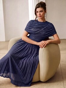 ZEYLAH Vestido largo con cintura fruncida asimétrica - Azul Marino - Ver 4