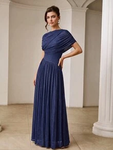 ZEYLAH Vestido largo con cintura fruncida asimétrica - Azul Marino - Ver 6