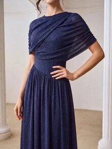 ZEYLAH Vestido largo con cintura fruncida asimétrica - Azul Marino - Ver 2