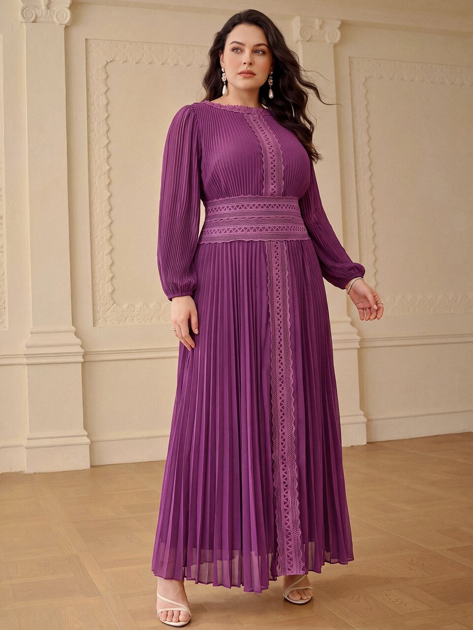 ZEYLAH Plus Size Elegant Romantic Pleated Lace Trim Patchwork Dress Spring Summer Fall