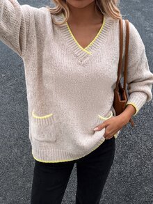 SHEIN LUNE 撞色滚边落肩毛衣，长袖针织套头衫，秋冬款 - 杏色 - 查看 5