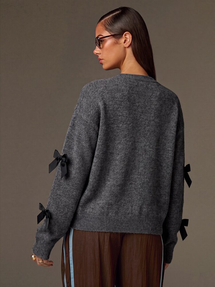 Flirla Women Casual Color Block Bow Decor Knitted Sweater, Autumn/Winter,Long Sleeve Tops, Fall - Grey - View 2