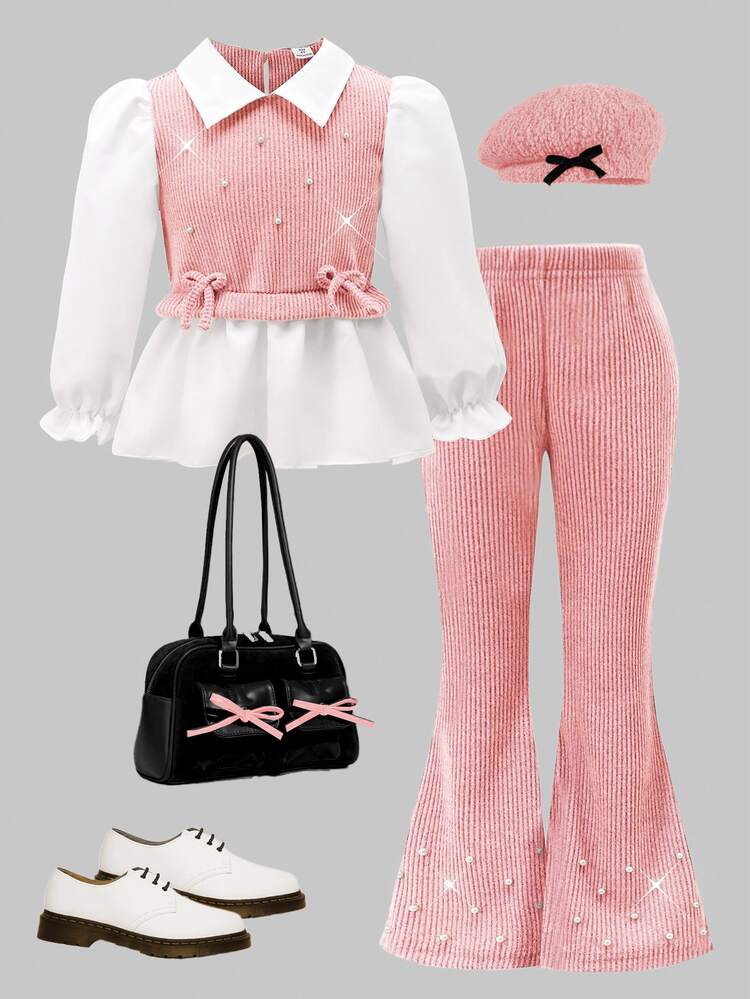 Girls'2 Pieces Outfit,Pink Autumn Country Concert Set,Beaded Ribbed White Long Sleeve Ruffle Hem Blouse Top & Pearl Flare Pants,Back To School Fashion - Coral Pink - View 3