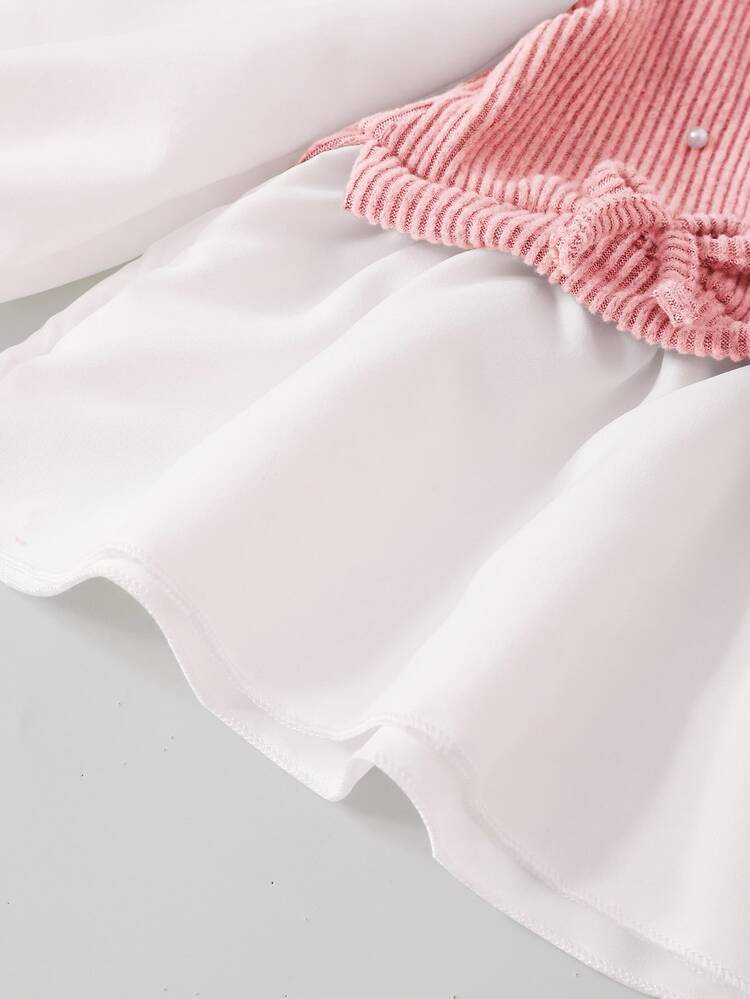 Girls'2 Pieces Outfit,Pink Autumn Country Concert Set,Beaded Ribbed White Long Sleeve Ruffle Hem Blouse Top & Pearl Flare Pants,Back To School Fashion - Coral Pink - View 7