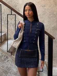 SHEIN BAE Sweater Crop dengan Detail Kancing untuk Kantor, Pergi Keluar dan Pesta Teh, Biru Navy, Musim Gugur, Elegan, Vintage, Preppy - Navy Blue - View 6