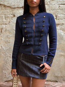 SHEIN BAE Sweater Crop dengan Detail Kancing untuk Kantor, Pergi Keluar dan Pesta Teh, Biru Navy, Musim Gugur, Elegan, Vintage, Preppy - Navy Blue - View 8