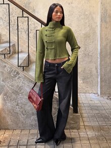 SHEIN BAE Olive Green Button Down Cardigan For Women Fall 2026 Casual V Neck Long Sleeve Knit Jacket For Office Weekend Brunch Cardigan And Jeans Outfit - Olive Green - View 7