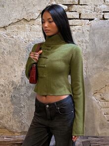 SHEIN BAE Olive Green Button Down Cardigan For Women Fall 2026 Casual V Neck Long Sleeve Knit Jacket For Office Weekend Brunch Cardigan And Jeans Outfit - Olive Green - View 8