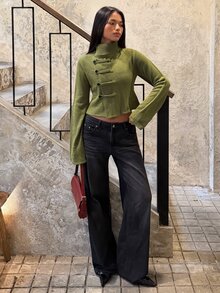 SHEIN BAE Olive Green Button Down Cardigan For Women Fall 2026 Casual V Neck Long Sleeve Knit Jacket For Office Weekend Brunch Cardigan And Jeans Outfit - Olive Green - View 3