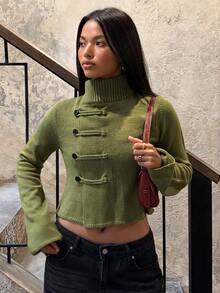 SHEIN BAE Olive Green Button Down Cardigan For Women Fall 2026 Casual V Neck Long Sleeve Knit Jacket For Office Weekend Brunch Cardigan And Jeans Outfit - Olive Green - View 4