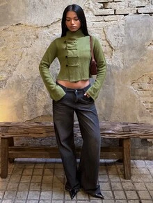 SHEIN BAE Olive Green Button Down Cardigan For Women Fall 2026 Casual V Neck Long Sleeve Knit Jacket For Office Weekend Brunch Cardigan And Jeans Outfit - Olive Green - View 5