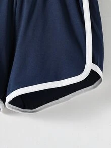 SHEIN Sparklyn Tween Girls Elastic Waist Contrast Binding Shorts Summer Holiday, Casual, Minimalist, Outfit - Navy Blue - View 4