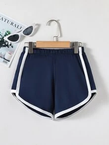 SHEIN Sparklyn Tween Girls Elastic Waist Contrast Binding Shorts Summer Holiday, Casual, Minimalist, Outfit - Navy Blue - View 1