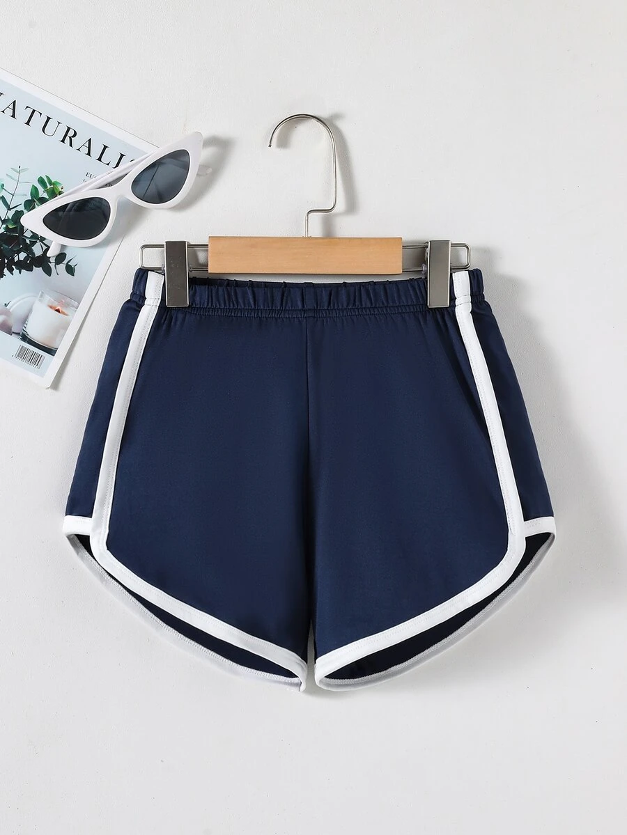 SHEIN Sparklyn Tween Girls Elastic Waist Contrast Binding Shorts Summer Holiday, Casual, Minimalist, Outfit - Navy Blue - View 1