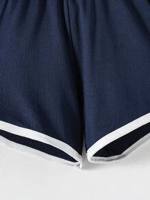 SHEIN Sparklyn Tween Girls Elastic Waist Contrast Binding Shorts Summer Holiday, Casual, Minimalist, Outfit - Navy Blue - View 6