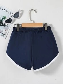 SHEIN Sparklyn Tween Girls Elastic Waist Contrast Binding Shorts Summer Holiday, Casual, Minimalist, Outfit - Navy Blue - View 2