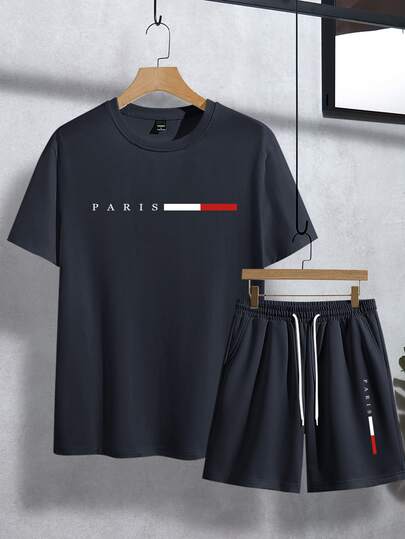RivetRise Men's Summer Casual Letter Print T-Shirt And Shorts Set Casual Two Pieces Set Men