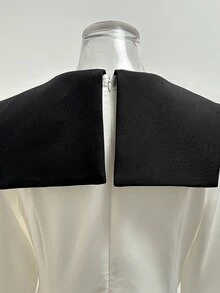 Franclia 2025復古黑白女款秋季長洋裝，優雅婚禮賓客晚宴禮服，黑色領口拼接金屬裝飾扣 - 彩色 - 查看 6