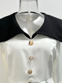 Franclia 2025復古黑白女款秋季長洋裝，優雅婚禮賓客晚宴禮服，黑色領口拼接金屬裝飾扣 - 彩色 - 查看 4