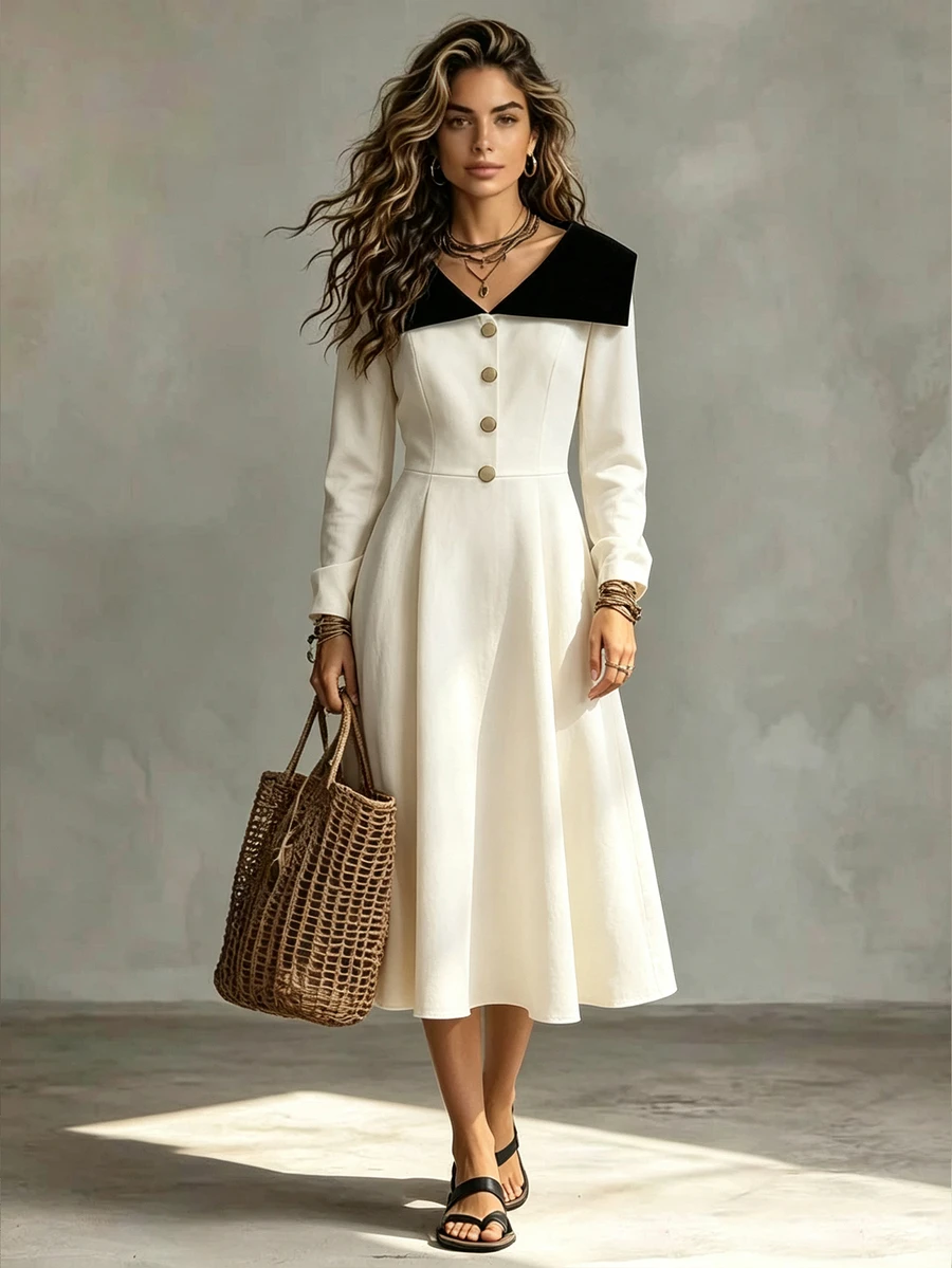 Franclia 2025復古黑白女款秋季長洋裝,優雅婚禮賓客晚宴禮服,黑色領口拼接金屬裝飾扣 - 彩色 - 查看 1