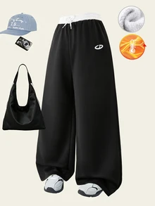 SHEIN Teen Casual Baggy All-Match Versatile Street Straight Wide Leg Color Block Patchwork Double Waist Design Thermal Lined Sweatpants Fall Black - Black - View 4