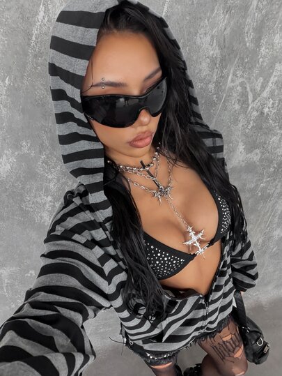 Coolane Dark Gray Striped Hooded Zip-Up Sweatshirt For Women