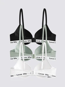 Loungeista 3pcs/Set Solid Color Letter Decor Wireless Gather Bra - Multicolor - View 2