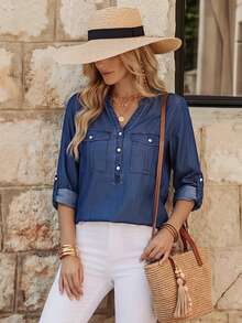 EMERY ROSE Women's Notched Collar Long Sleeve Denim Shirt New Long Sleeve/Half Sleeve Button Pocket Thin Denim Top - Blue - View 1