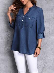 EMERY ROSE Women's Notched Collar Long Sleeve Denim Shirt New Long Sleeve/Half Sleeve Button Pocket Thin Denim Top - Blue - View 6