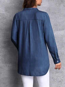 EMERY ROSE Women's Notched Collar Long Sleeve Denim Shirt New Long Sleeve/Half Sleeve Button Pocket Thin Denim Top - Blue - View 2