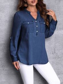 EMERY ROSE Women's Notched Collar Long Sleeve Denim Shirt New Long Sleeve/Half Sleeve Button Pocket Thin Denim Top - Blue - View 4
