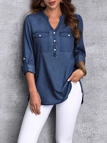 EMERY ROSE Women's Notched Collar Long Sleeve Denim Shirt New Long Sleeve/Half Sleeve Button Pocket Thin Denim Top - Blue - View 5
