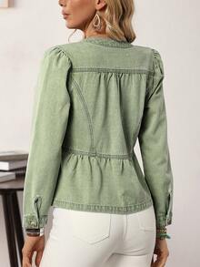 EMERY ROSE Chaqueta vaquera casual de mujer con mangas largas, abotonadura sencilla y bajo con volantes, chaqueta verde de primavera para mujer, chaqueta verde ligera para mujer - Verde militar - Ver 2