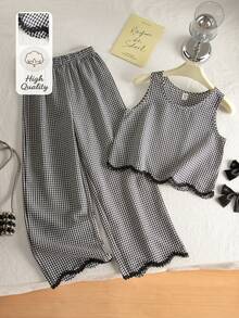 SHEIN Tween Girls 2pcs/Set Round Neck Spring/Summer New Minimalist Cute Basic Black And White Plaid Pullover Tank Top Long Pants, Vacation Casual City Break - Black and White - View 1