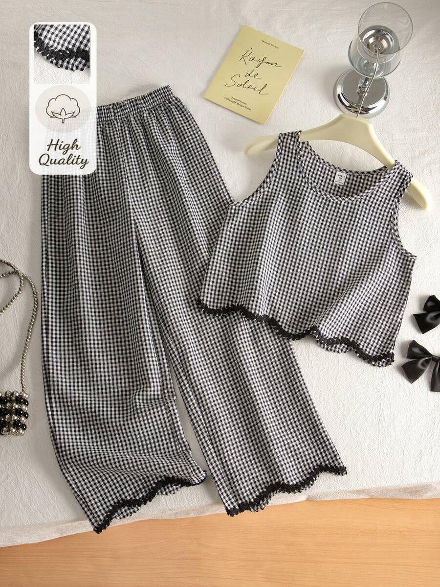 SHEIN Tween Girls 2pcs/Set Round Neck Spring/Summer New Minimalist Cute Basic Black And White Plaid Pullover Tank Top Long Pants, Vacation Casual City Break - Black and White - View 1