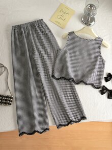 SHEIN Tween Girls 2pcs/Set Round Neck Spring/Summer New Minimalist Cute Basic Black And White Plaid Pullover Tank Top Long Pants, Vacation Casual City Break - Black and White - View 2