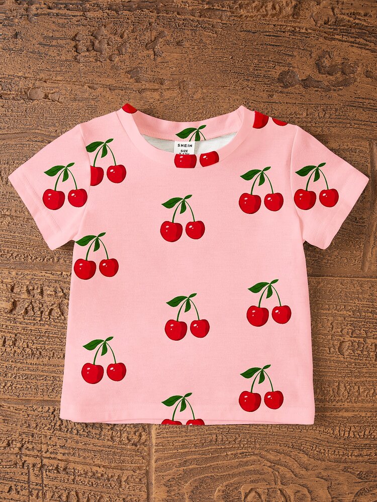 SHEIN Baby Girls' Pink And Red Cute Summer Vacation Cherry Fruit Pattern Printed Short Sleeve Round Neck T-Shirt And Shorts Outfits Airport Family Matching - Multicolor - View 7